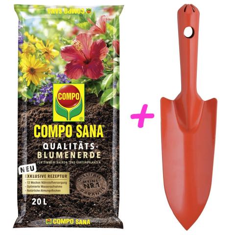 Flora PLUS Paket COMPO SANA® Qualitäts - Blumenerde 20 Liter + praktische Blumenkelle